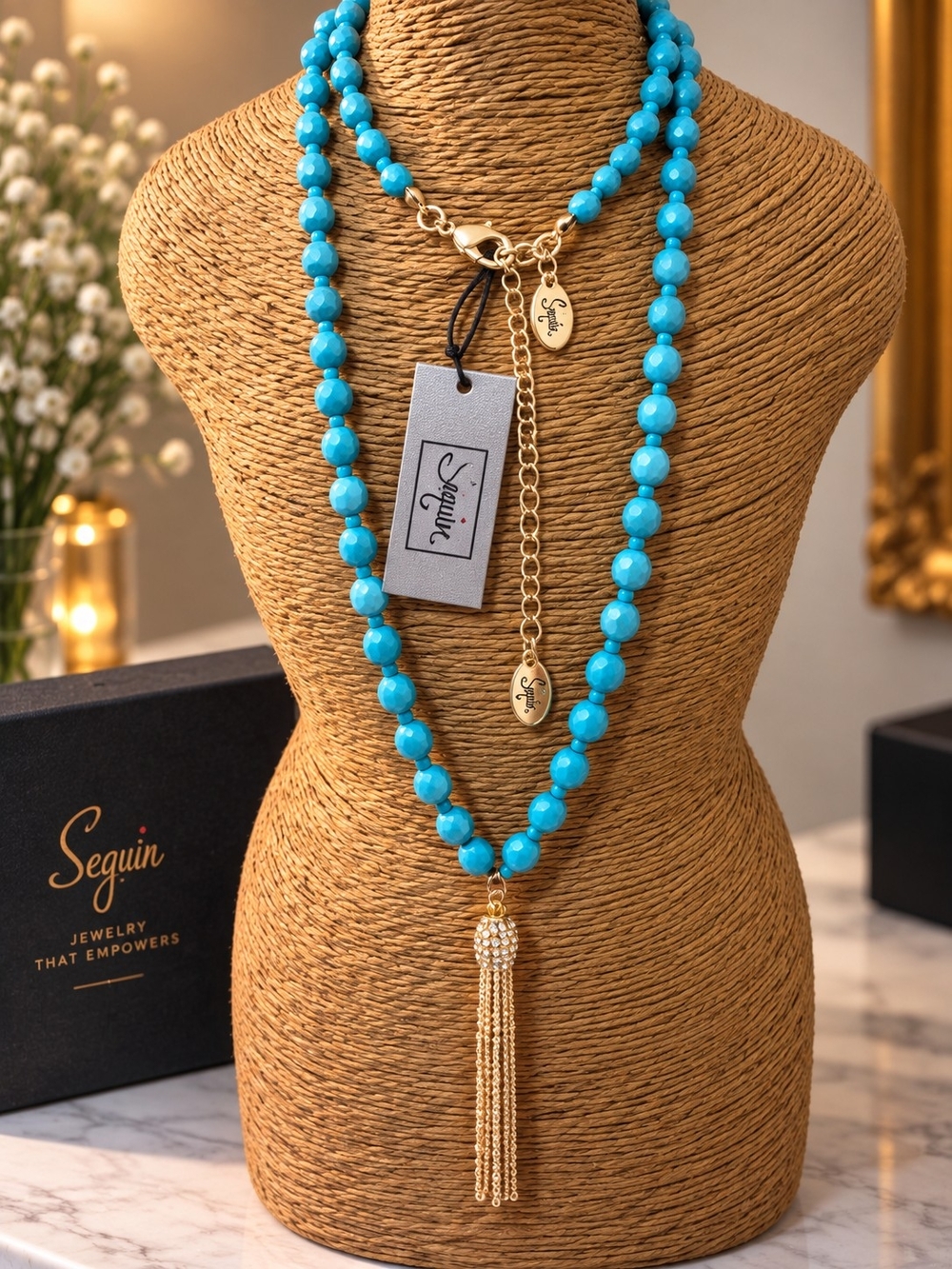 Turquoise Beaded Tassel Necklace -